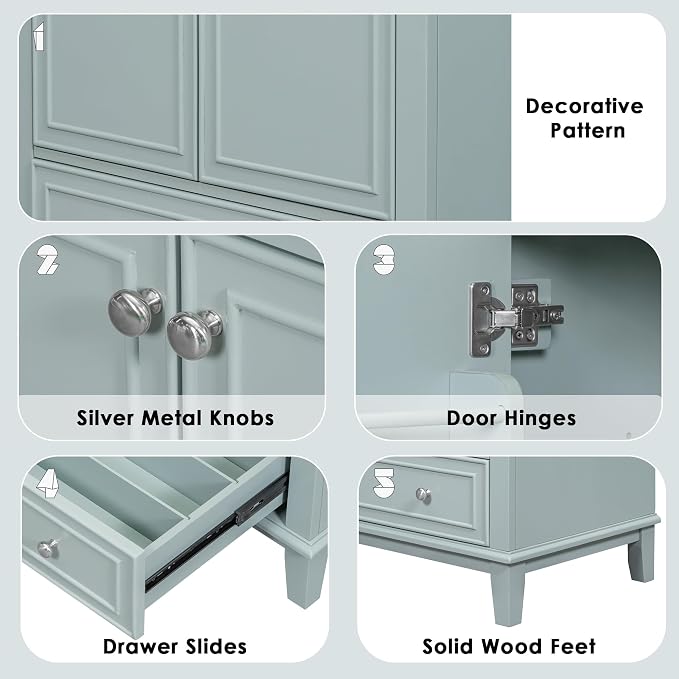30" Bathroom Vanity with Sink Combo,Doors and Drawer,Solid Wood Cabinets Basin Vessel Set w/Adjustable Shelf & Metal Overflow,Stainless Steel Hinges,Green