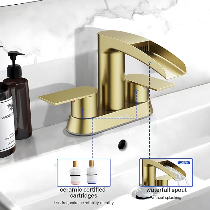 Bathroom Sink Faucet for 3 Hole, Hurran 4 Inch Faucets with Pop-up Drain, Stainless Steel 2-Handle Waterfall Faucet for Bathroom Sink, Brushed Gold