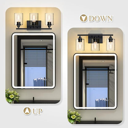 Bathroom Lighting Fixtures Over Mirror,3-Light Black Bathroom Vanity Light,Sconces Wall Lighting with Clear Glass Shade,Light Fixture for Bedroom Living Room Vanity Table Hallway