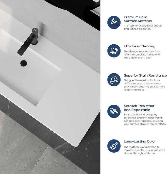 SJ Star&Jane 48" x 19" in Solid Surface Bathroom Sink, Wall-Mount or Countertop Vessel Sink, Rectangle Floating Vanity Sink, Pre-installed Faucet Holes, Durable Modern Design