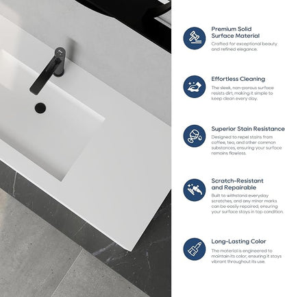 SJ Star&Jane 48" x 19" in Solid Surface Bathroom Sink, Wall-Mount or Countertop Vessel Sink, Rectangle Floating Vanity Sink, Pre-installed Faucet Holes, Durable Modern Design