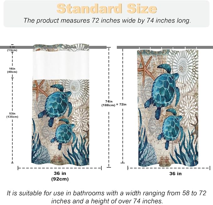Ocean Beach Coastal Sea Turtles Theme No Hook Waffle Weave Shower Curtain with Snap in Liner Rustic Tropical Bathroom Decor Set 36 W x 74 H Inch Teal Blue