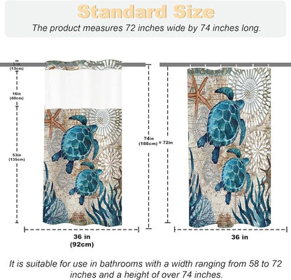 Ocean Beach Coastal Sea Turtles Theme No Hook Waffle Weave Shower Curtain with Snap in Liner Rustic Tropical Bathroom Decor Set 36 W x 74 H Inch Teal Blue