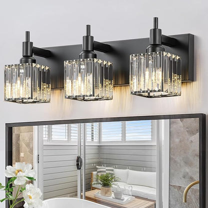Black Crystal Bathroom Vanity Light 3-Light Modern Bathroom Lighting Fixtures Over Mirror, Black Wall Sconce Light Fixtures with Square Shade