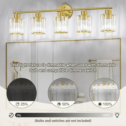 Crystal Bathroom Light Fixtures,Bathroom Lighting Fixtures Over Mirror, Modern 5-Light Gold Vanity Lights for Mirror, Restroom,Kitchen(Ceramic E26 Socket,Bulbs Not Include)