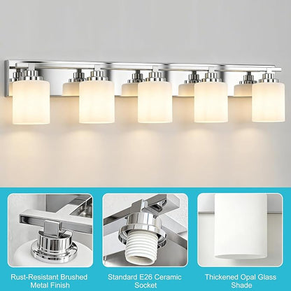 Modern Bathroom Lighting Fixtures Over Mirror, Vanity Lights for Bathroom, Wall Sconces with Milky White Glass Shades, E26 Ceramic Socket, 5-Light 35.4-inch Chrome