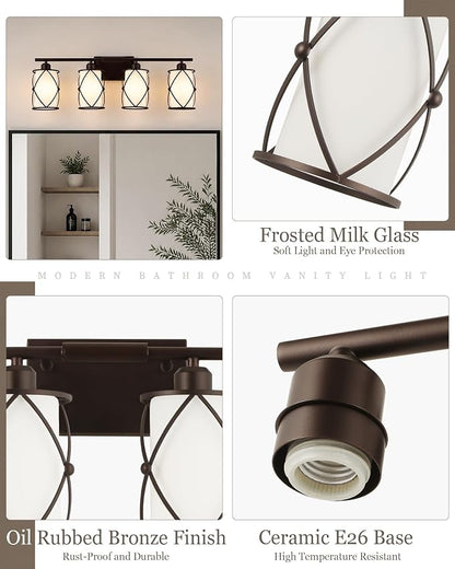 4-Light Oil Rubbed Bronze Bathroom Light Fixtures Over Mirror, 29" UL-Listed Modern Farmhouse Wall Sconce Lights with Milk White Frosted Glass and Metal Cage for Bath, E26, CH9176ORBW-4W