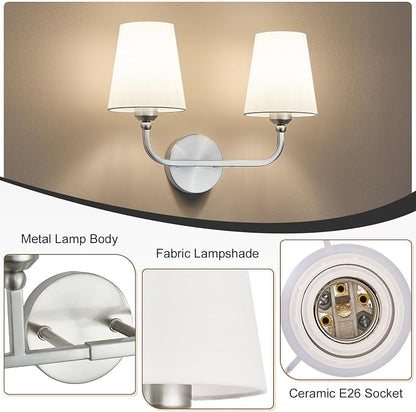 Bathroom Vanity Light Brushed Nickel Bathroom Lighting Fixtures Over Mirror | 2-Light Bathroom Light Fixtures with Flared White Fabric Shade, E26 Socket (ETL Listed)