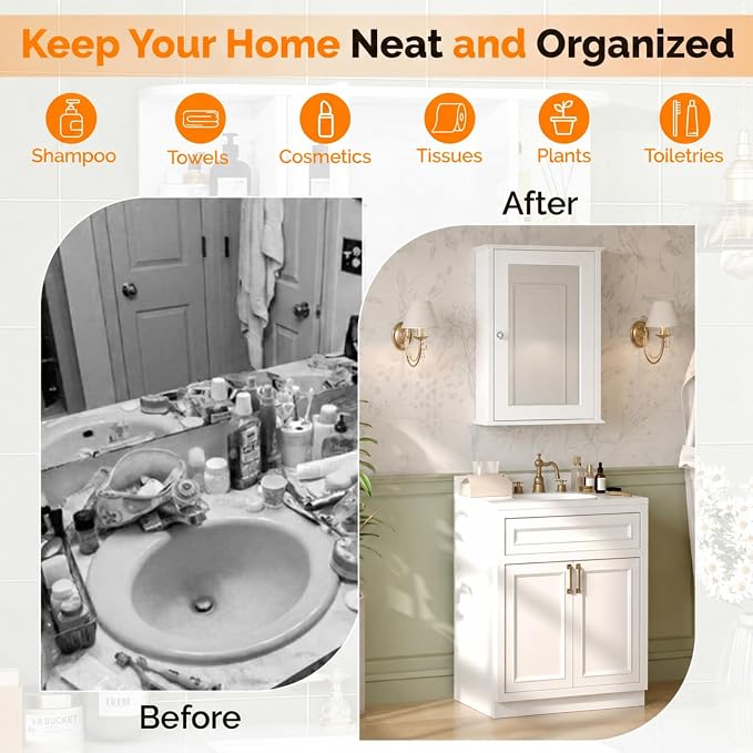 Bonnlo White Mirrored Medicine Cabinet - Wall Mounted Bathroom Storage Organizer with Single Door, 2 Adjustable Shelves & Magnetic Lock, Small Vanity Cabinet for Over the Toilet/Sink