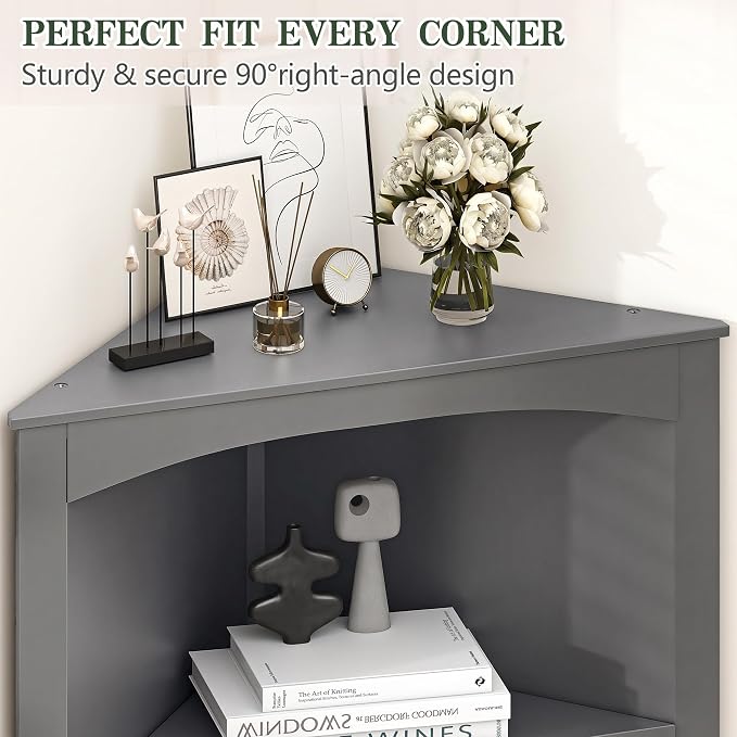 VECELO Bathroom Corner Cabinet, Triangle Open Shelving Shelf, Tall Freestanding Storage Hutch for Kitchen, Living Dining Room with Adjustable Storage Shelves and Doors, Grey
