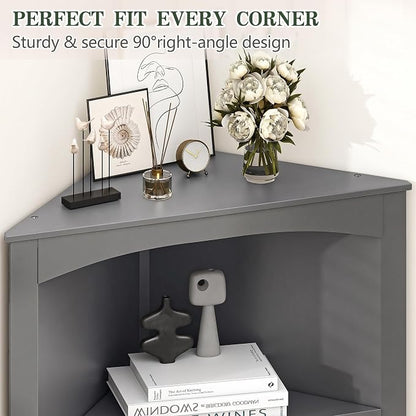 VECELO Bathroom Corner Cabinet, Triangle Open Shelving Shelf, Tall Freestanding Storage Hutch for Kitchen, Living Dining Room with Adjustable Storage Shelves and Doors, Grey