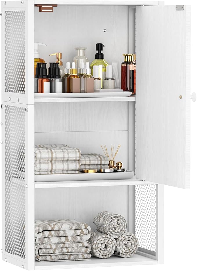 Small Medicine Cabinet, White Bathroom Cabinet Wall Mounted, 3-Tier Bathroom Wall Cabinet, Wood Wall Mounted Hanging Cabinet for Small Spaces, Living Room, Laundry, Kitchen