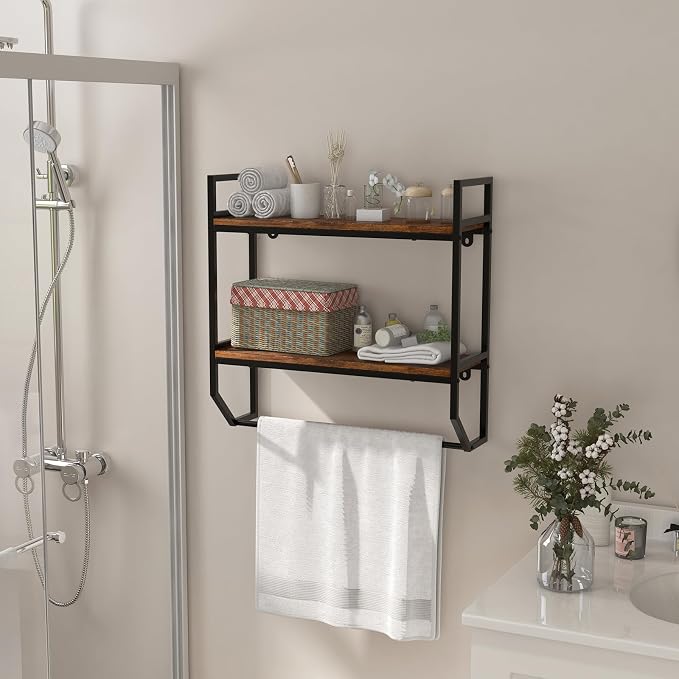 GOFLAME 2-Tier Industrial Bathroom Shelves with Towel Bar, Over the Toilet Shelf Wall Mounted with Metal Frame, Wall Storage Organizer Shelf for Bathroom, Living Room, Kitchen, Rustic Brown
