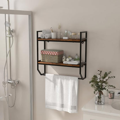 GOFLAME 2-Tier Industrial Bathroom Shelves with Towel Bar, Over the Toilet Shelf Wall Mounted with Metal Frame, Wall Storage Organizer Shelf for Bathroom, Living Room, Kitchen, Rustic Brown