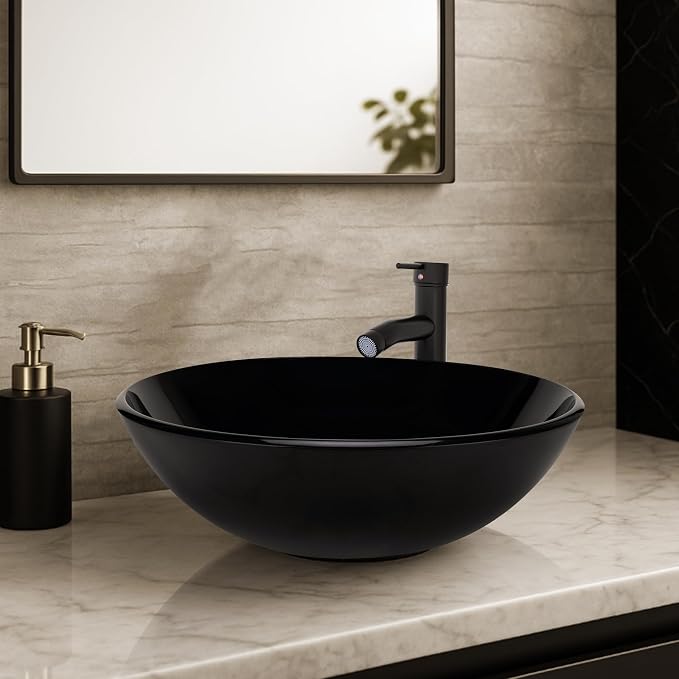 YIMAI Black Glass Vessel Sink 16.5" x 16.5" x 5.5" – Tempered Glass Above Counter Round Bathroom Sink Bowl Countertop Modern Sinks with Faucet and Drain Combo, Easy Install for Master or Powder Room