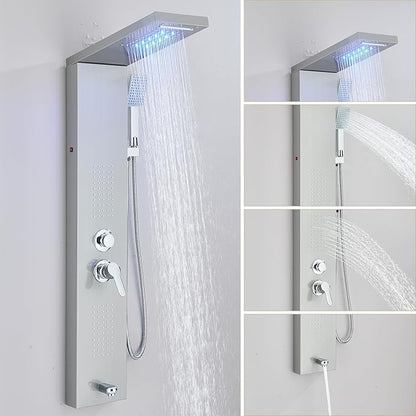 Shower Panel Wall Mount Shower Tower with Body Shower Jets LED Shower Head Rainfall Shower Panels System Stainless Steel Shower Faucet Set, Brushed Nickel