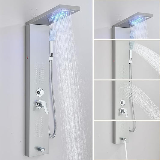 Shower Panel Wall Mount Shower Tower with Body Shower Jets LED Shower Head Rainfall Shower Panels System Stainless Steel Shower Faucet Set, Brushed Nickel