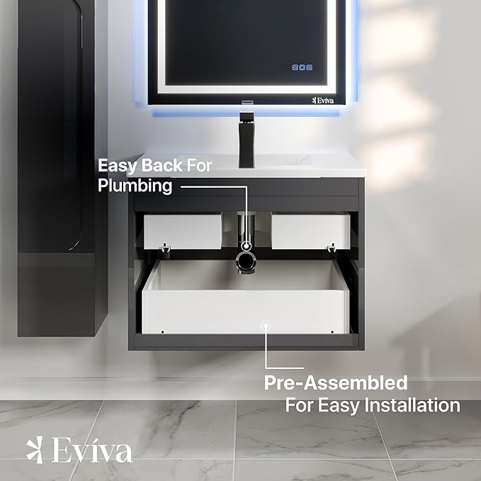 Eviva Joy 32 in. Gray Wall MountSingle Sink Bath Vanity with Porcelain Top and Integrated Sink