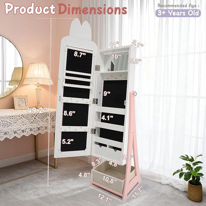 Karl home 45.5" Kids Jewelry Armoire with Mirror, White | Standing Organizer with Removable Drawers, Cute Rabbit-Shaped Dress Up Cabinet for Little Girls