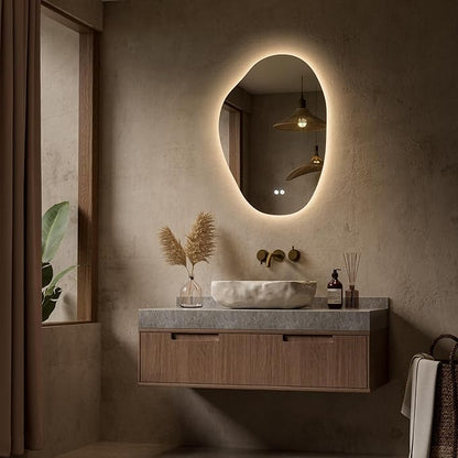 Keonjinn 22 x 30 Inch Asymmetrical Backlit Bathroom Mirror with Lights, LED Irregular Mirror with HD Tempered Glass, UL-Listed LED Driver, 3 Color Lights, Dimmable, Memory Function, Safe Defogging