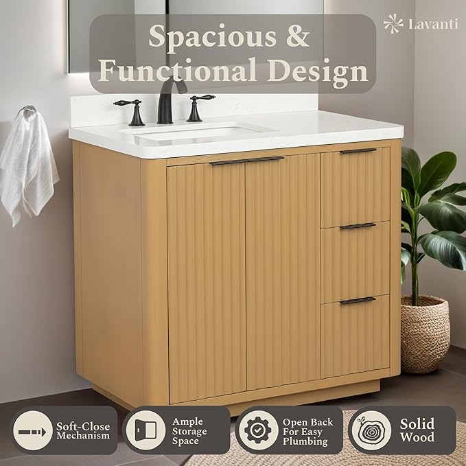 Lavanti Wooderna 36 Inch Bathroom Vanity with Sink – Stylish Firwood Oak Vanity Bathroom with Storage Cabinet – Modern Bathroom Vanities with Single Vanity Sink & Quartz Countertop