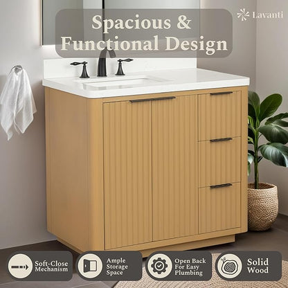Lavanti Wooderna 36 Inch Bathroom Vanity with Sink – Stylish Firwood Oak Vanity Bathroom with Storage Cabinet – Modern Bathroom Vanities with Single Vanity Sink & Quartz Countertop