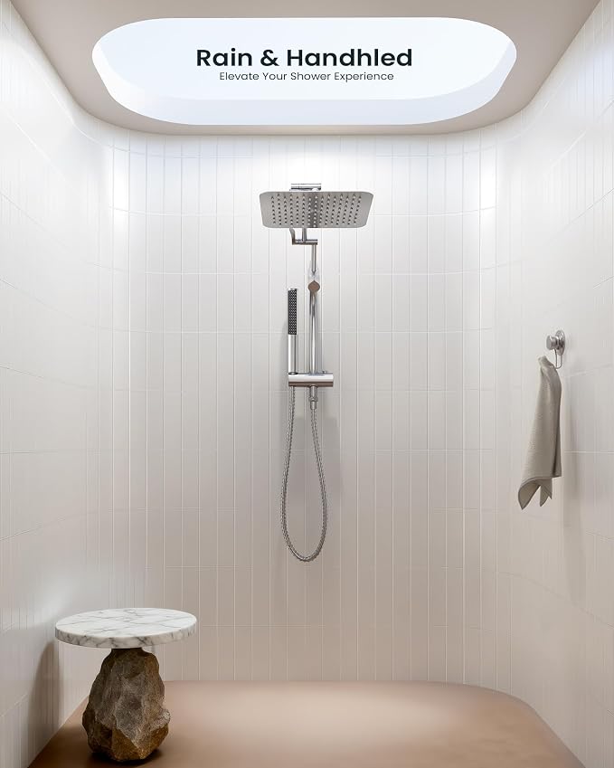 Veken 10" Luxurious Rain Shower Head with Handheld, High Pressure Rainfall Shower Heads wih Extension Arm, Wide Dual Showerhead with Spray Combo, Bathroom Accessories, Chrome, Silver