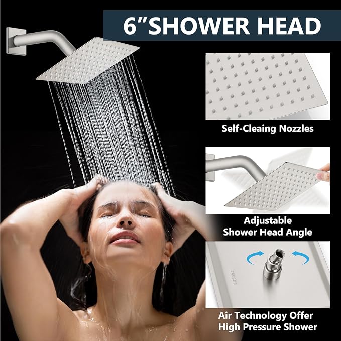 Aolemi Ceiling Shower Faucet Set System Dual Head 16&6 Inch Brushed Nickel | 2 in 1 Handheld Spray,Shower Valve and Trim Kit,Push Button Diverter, 16"Top+6" Wall Rain Head,Bathroom Mixer for Couple