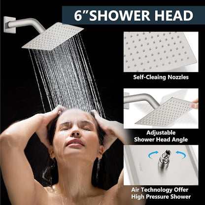 Aolemi Ceiling Shower Faucet Set System Dual Head 16&6 Inch Brushed Nickel | 2 in 1 Handheld Spray,Shower Valve and Trim Kit,Push Button Diverter, 16"Top+6" Wall Rain Head,Bathroom Mixer for Couple