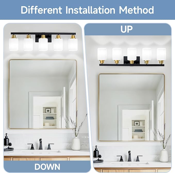 5-Light Black and Gold Vanity Light,Bathroom Lighting Fixtures,30" | Bathroom Light for Mirror with Square Frosted Glass,Modern Wall Sconces fixtures over Sink Restroom,Living Room Hallway