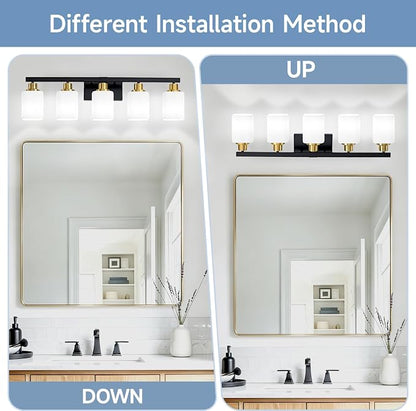 5-Light Black and Gold Vanity Light,Bathroom Lighting Fixtures,30" | Bathroom Light for Mirror with Square Frosted Glass,Modern Wall Sconces fixtures over Sink Restroom,Living Room Hallway