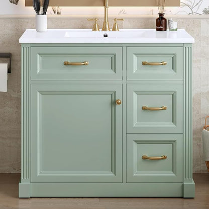 36" Bathroom Vanity with Ceramic Sink,Modern Freestanding Storage Cabinet w/Soft-Close Door and 2 Tip-Out & 2 Drawers,Undermount Single Basin Bath Vanity Set w/Adjustable Shelf,Green