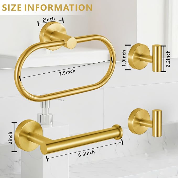 Bathroom Hardware Set Includes Towel Ring, Toilet Paper Holder and 2 Towel Hooks, SUS304 Stainless Steel Modern Wall-Mounted Bathroom Set, Rustproof Bathroom Fitting Set (Brushed Gold)