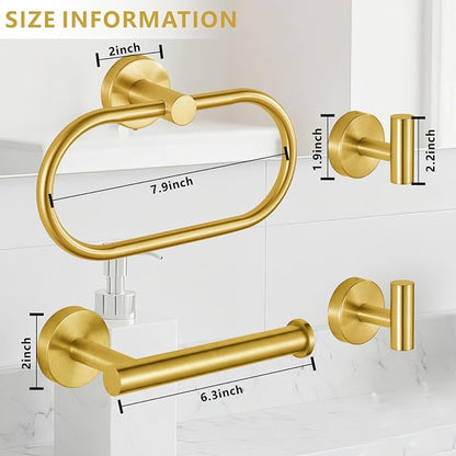 Bathroom Hardware Set Includes Towel Ring, Toilet Paper Holder and 2 Towel Hooks, SUS304 Stainless Steel Modern Wall-Mounted Bathroom Set, Rustproof Bathroom Fitting Set (Brushed Gold)