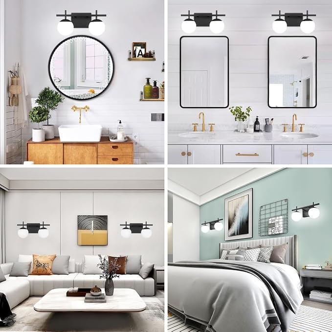 Bathroom Light Fixtures Over Mirror, Black Vanity Lights for Bathroom with White Frosted Glass, 2-Light Modern Vanity Lighting Fixtures Globe Sconces Wall Light for Bedroom Living Room Cabinet