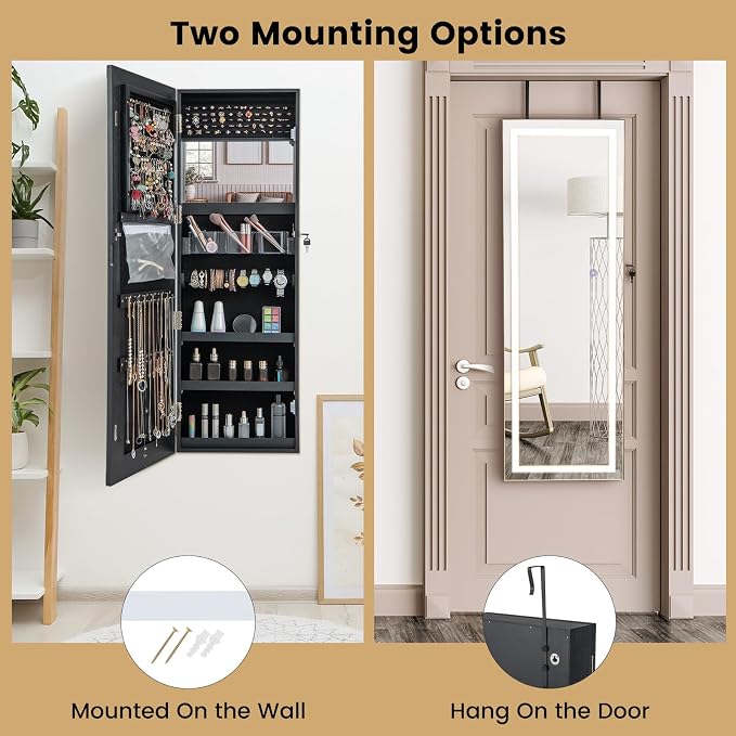 CHARMAID LED Mirror Jewelry Cabinet, 47.2'' Jewelry Armoire with Adjustable Lighted Full Length Mirror, Wall Mounted or Door Hanging, Lockable Jewelry Organizer Storage (Black, 47.2''H)