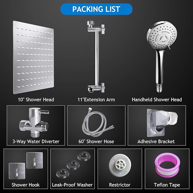 Shower Head Combo,10" High Pressure with 11" Extension Arm 5 Spray Handheld | Rain Shower Head with Handheld Shower Head Combo,Powerful Shower Spray Against Low Pressure Water with Long Hose