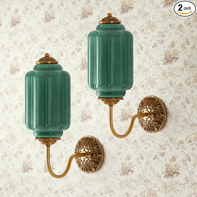 Vintage Milk Glass Wall Sconce Set of Two, Hardwired Green Bathroom Sconce with Gold Carved Metal, Antique Bronze Retro Wall Lamp for Bedroom, Living Room, Hallway, E12 Bulb, Warm Light (Green 2Pack)