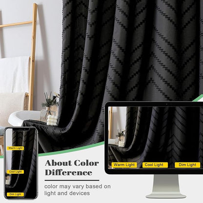 Boho Shower Curtain, Black Fabric Cloth Shower Curtains Farmhouse Tufted Chevron Striped Textured with Tassel for Bathroom, Soft Hotel Style Modern Minimalist, Machine Washable, 72x72, Black