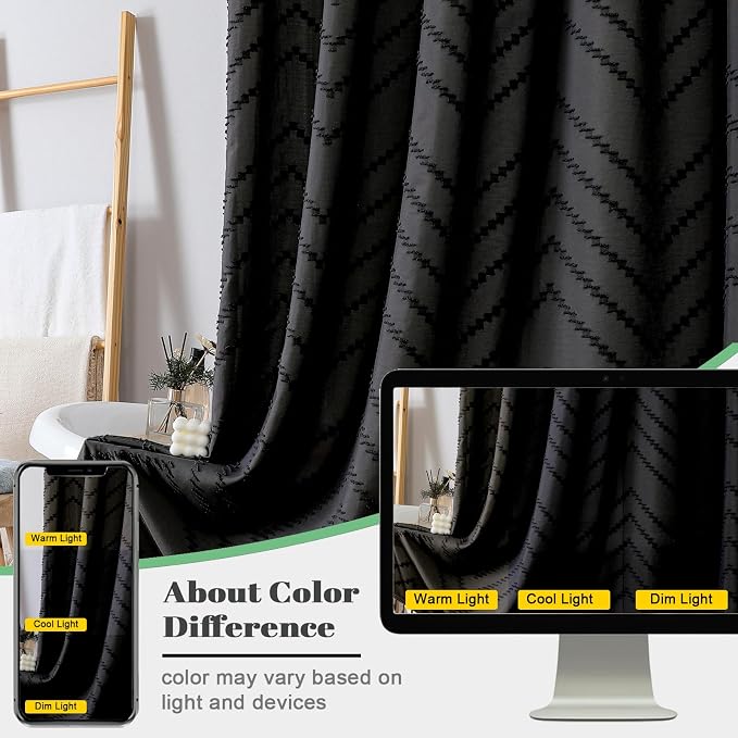 Extra Long Black Boho Shower Curtain, Chic Tufted Chevron Striped Textured Cloth Fabric Shower Curtains with Tassel for Bathroom, Soft Hotel Style Farmhouse, Machine Washable, 72x96