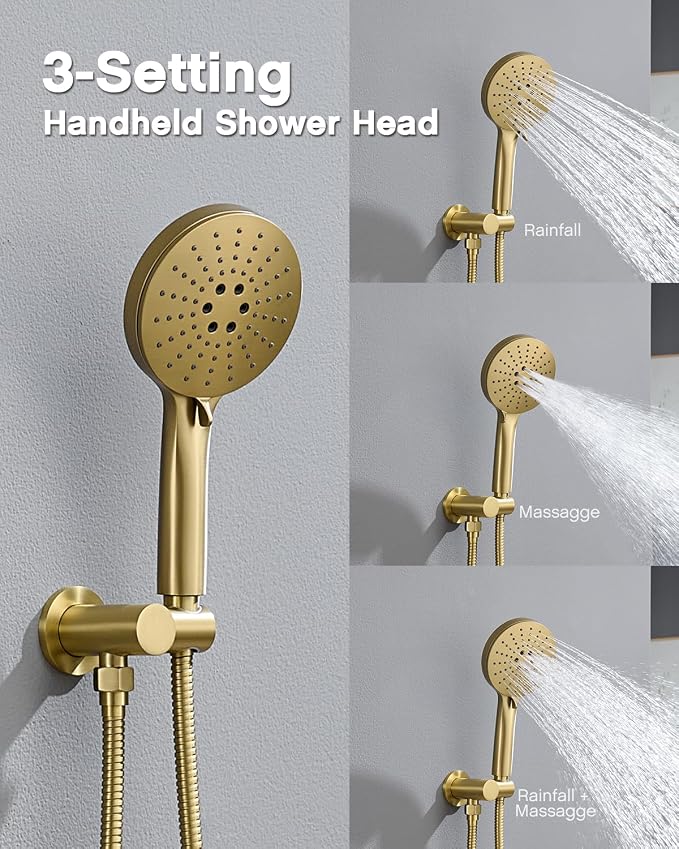 Iriber Brushed Gold Shower head with Handheld,8"+10" Rain Shower Faucet Set | 10 Inch Ceiling +8 Inch Wall Mount Dual Shower Heads,Push Button Diverter Shower System,Pressure Balance Valve