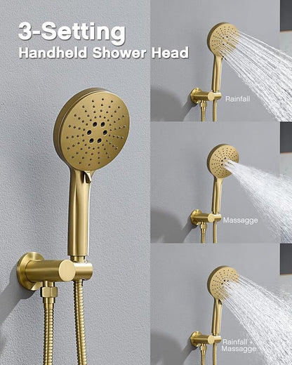 Iriber Brushed Gold Shower head with Handheld,8"+10" Rain Shower Faucet Set | 10 Inch Ceiling +8 Inch Wall Mount Dual Shower Heads,Push Button Diverter Shower System,Pressure Balance Valve