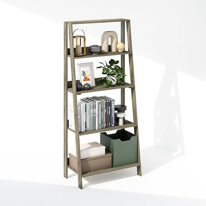 Furinno Ladder Display Shelf, 5-Tier Ladder Shelf, Ladder Bookshelf, Display Storage Shelves, 13 x 23.6 x 53.5, for Living Room, Home Office, French Oak