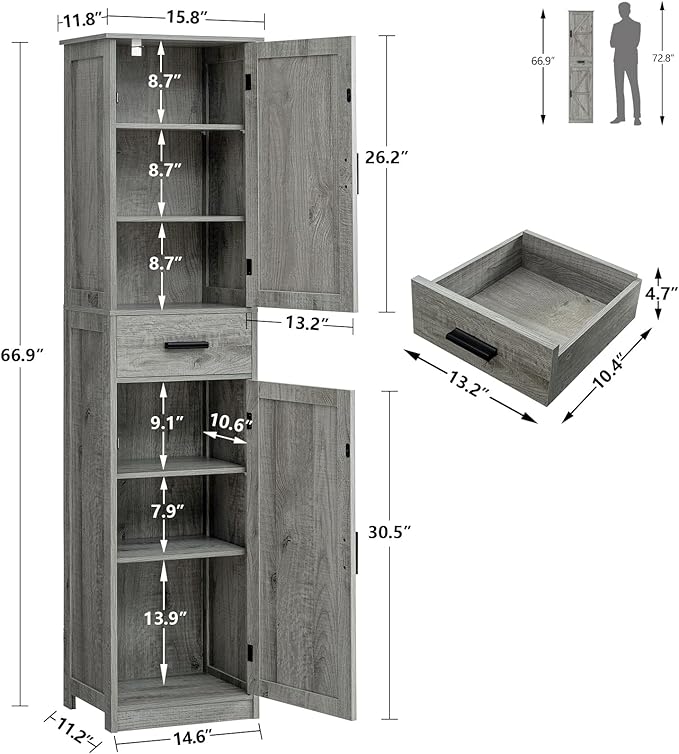 WEENFON Tall Bathroom Cabinet, Storage Cabinet with 6 Shelves & Drawer, Bathroom Storage Cabinet with Adjustable Shelves, Tall Cabinet for Living Room, Home Office, Grey