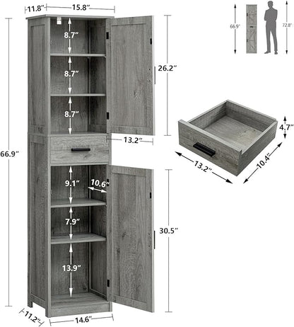 WEENFON Tall Bathroom Cabinet, Storage Cabinet with 6 Shelves & Drawer, Bathroom Storage Cabinet with Adjustable Shelves, Tall Cabinet for Living Room, Home Office, Grey