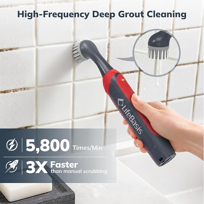 LifeBasis Cordless Rechargeable Power Scrubber Brush, Red | Water-resistant Compact Scrubber with 5 Replaceable Brush Heads for Grout, Tile, Shower, Tub, Kitchen and Bathroom Cleaning