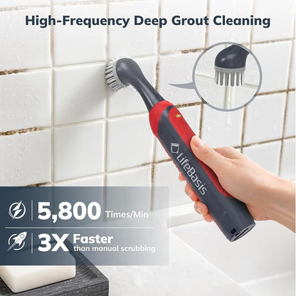 LifeBasis Cordless Rechargeable Power Scrubber Brush, Red | Water-resistant Compact Scrubber with 5 Replaceable Brush Heads for Grout, Tile, Shower, Tub, Kitchen and Bathroom Cleaning