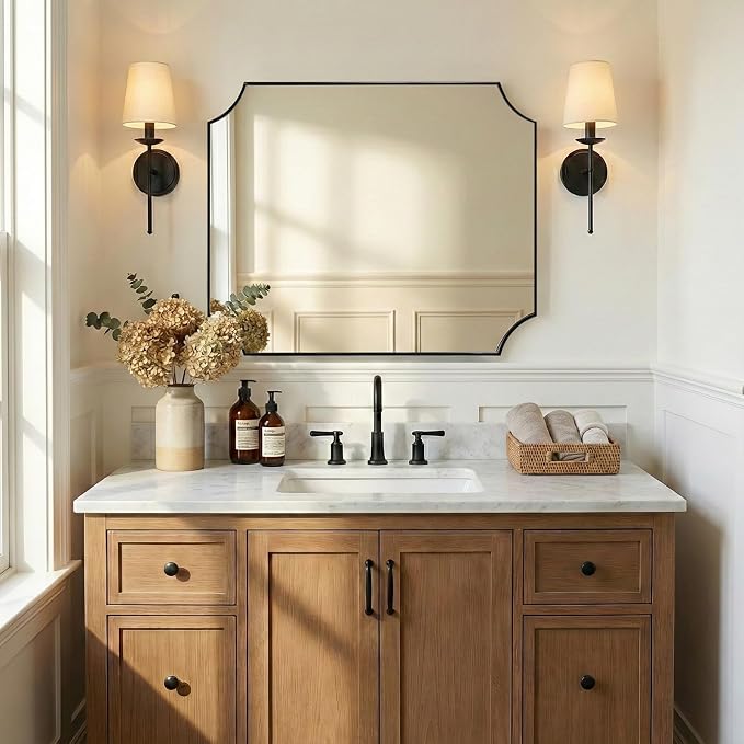 30x40 Inch Bathroom Mirror, Black Bathroom Mirror for Over Sink, Unique Rectangle Wall Mirror, Matte Black Framed Rectangular Mirror with Scalloped Edges, Ideal for Home Decor