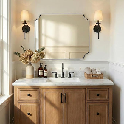 30x40 Inch Bathroom Mirror, Black Bathroom Mirror for Over Sink, Unique Rectangle Wall Mirror, Matte Black Framed Rectangular Mirror with Scalloped Edges, Ideal for Home Decor