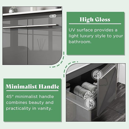 AMERLIFE 31" LED Floating Bathroom Vanity with Single Sink, Modern High Gloss Wall Mounted Bathroom Storage Cabinet with Metal Handles, Gray
